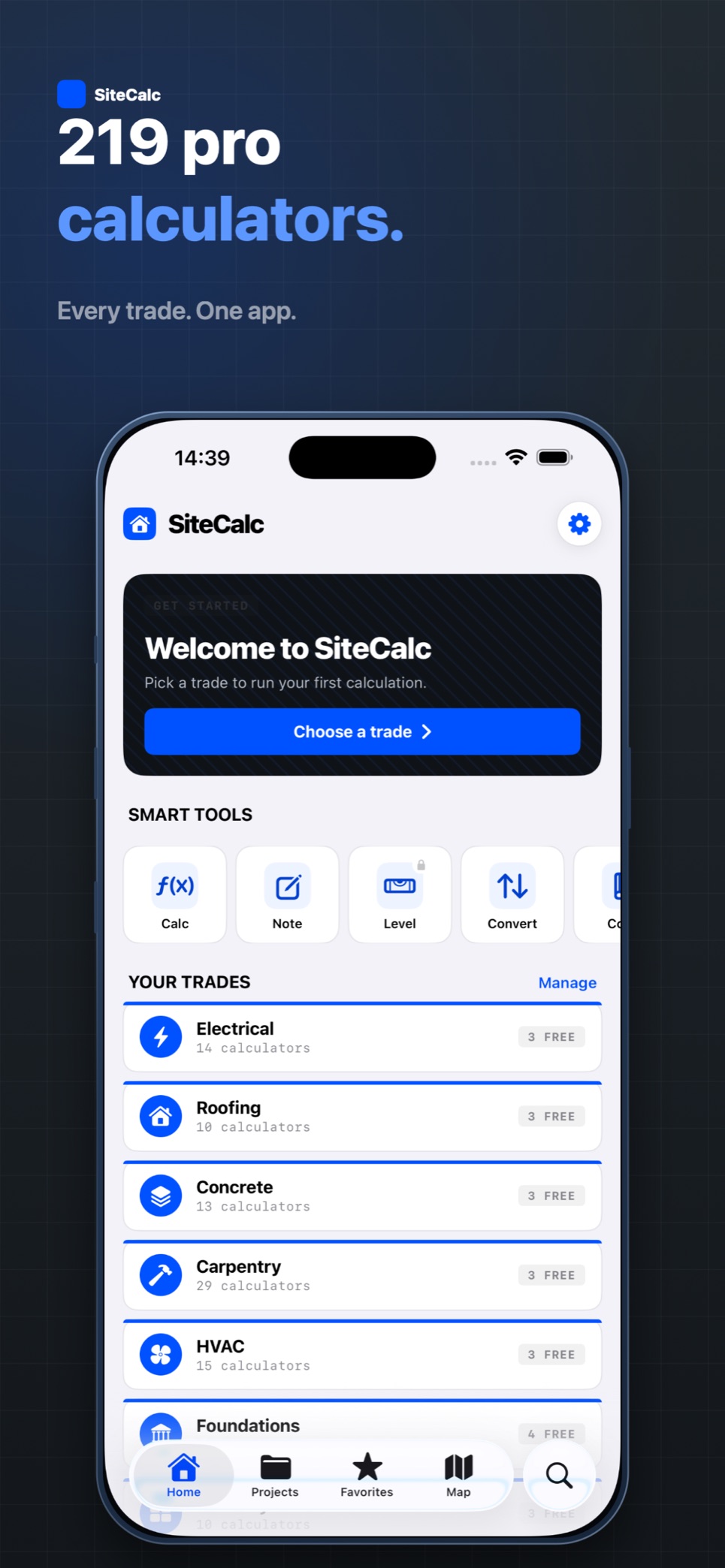 SiteCalc home screen listing trades — Electrical, Roofing, Concrete, Carpentry, HVAC — with a Smart Tools row