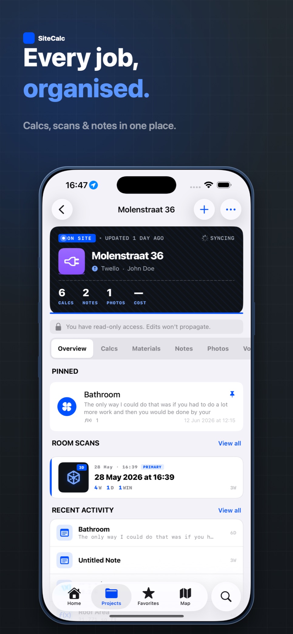 A job project gathering calculations, notes, photos and room scans in one place